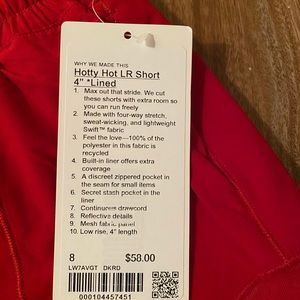 Lululemon Hotty Hot 4” Short in Red NWT